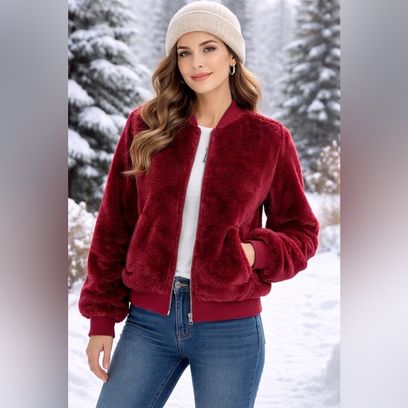 iris Jackets & Blazers - NWOT IRIS Los Angeles Burgundy Faux Fur Teddy Bomber Jacket Ribbed Trim Sz Small